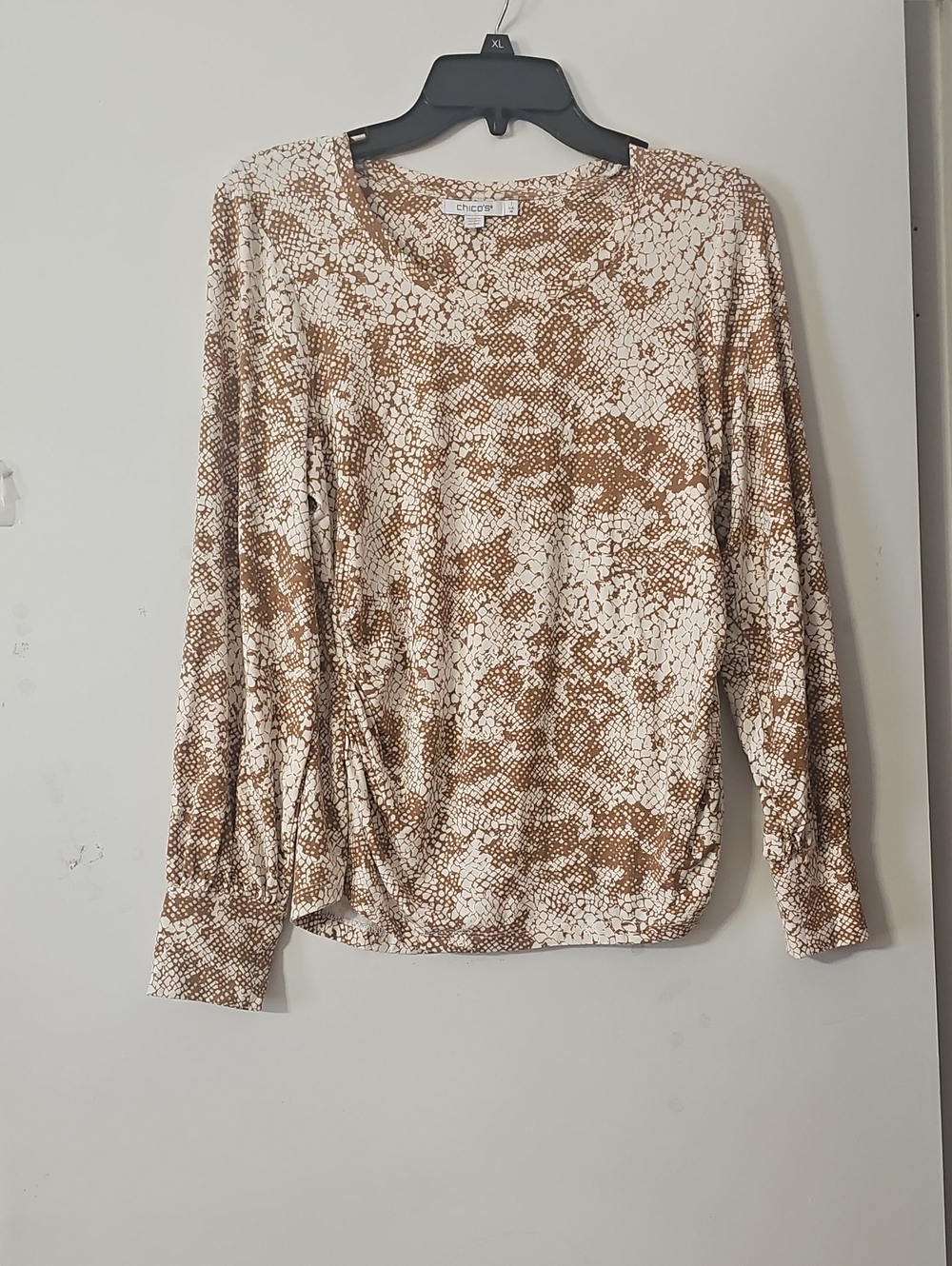 Chico's White and Brown Animal-Print Long Sleeve Top